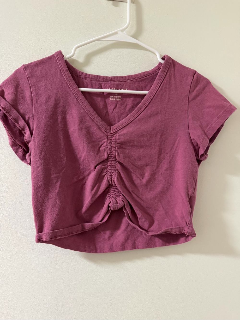American Eagle Outfitters Ruched V‑Neck Crop Top — Mauve